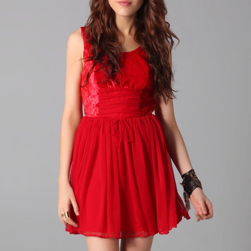FREE PEOPLE Dress 6 BALLERINA Princess Red Hot Velvet Chiffon Lace Lined NWT